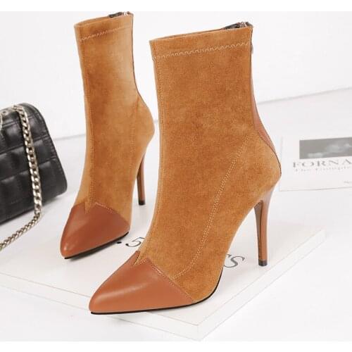 Pointed Toe high heels winter boots women suede stovepipe mid-calf warm botines thin heel patchwork shoes female height increase