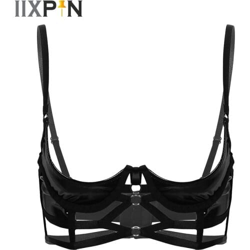 2021 New Fashion Girl Black Patent Leather Lingerie Adjustable Wet Look Quarter Cup Bra Women Underwear Sexy Underwired Bra Top