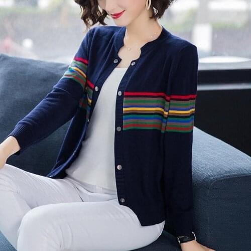 Vangull Plus Size Striped Womens Sweater Single Breasted O-Neck Short Cardigans Patchwork 2021 Spring Thin Casual Sweater Tops