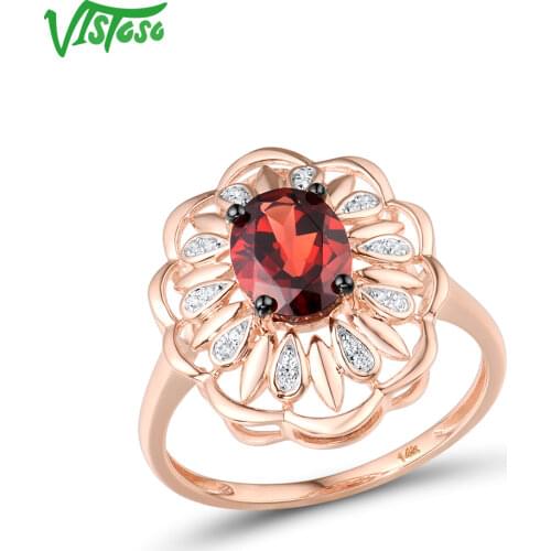 VISTOSO Gold Rings For Women Genuine 14K 585 Rose Gold Sparkling Diamond Garnet Flower Ring Luxury Glamorous Gift Fine Jewelry