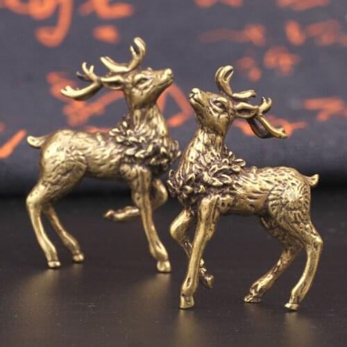 Pure Copper Deer Sculpture Ornaments 1 Pair Solid Brass Sika Deer Miniature Figurines Lucky Feng Shui Crafts Desk Decorations