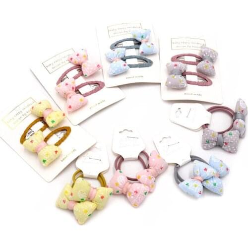 2Pcs/Set Cute Bowknot Rubber Bands Hairpins Headwear Set Fashion Printing Elastic Hair Band Hair Clips Children Hair Accessories