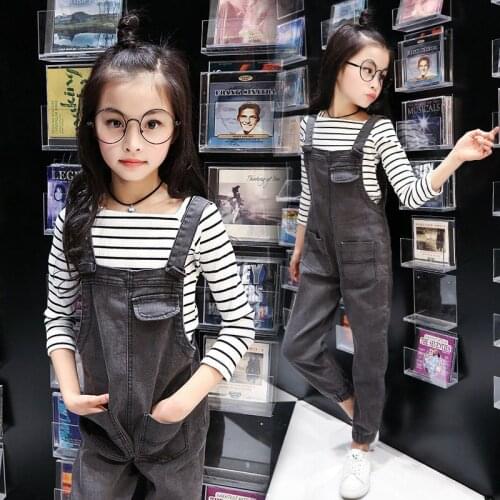 2019 Sping Autumn Kid Girls Casual Jeans Pants Children Bib Overalls Jumpsuits Trousers Teenage Girls Solid Denim Leggings Q81