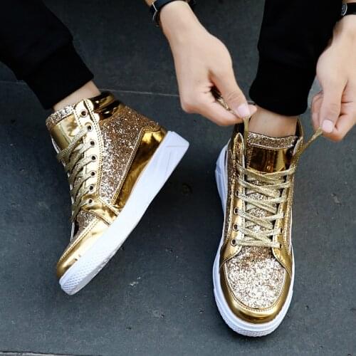 2019 Men hip hop dancing sneakers Flats Shoes Spring gold silver bling Rhinestone Lace Up male Casual Ankle boots