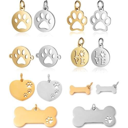 5Pcs Animal Stainless Steel Pet Paw Print Dog Cat Bone Pendants DIY For Jewelry Making Connectors Handmade Puppy Craft Wholesale
