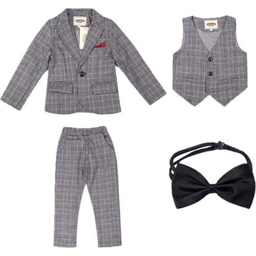 Flower Boys Wedding Suits Kids School Party Piano Performance Costume Children Plaid Blazer Vest Pants 3Pcs Tuxedo Outfits Set