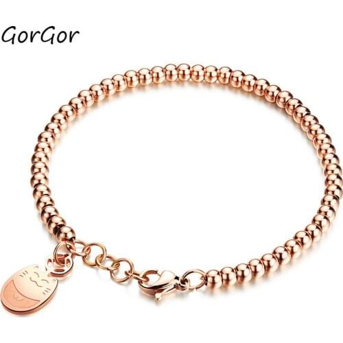GorGor Korean Style Fashion Lucky Cat Bracelet Titanium Steel Rose Gold Womens Fashion Accessories Beads 834