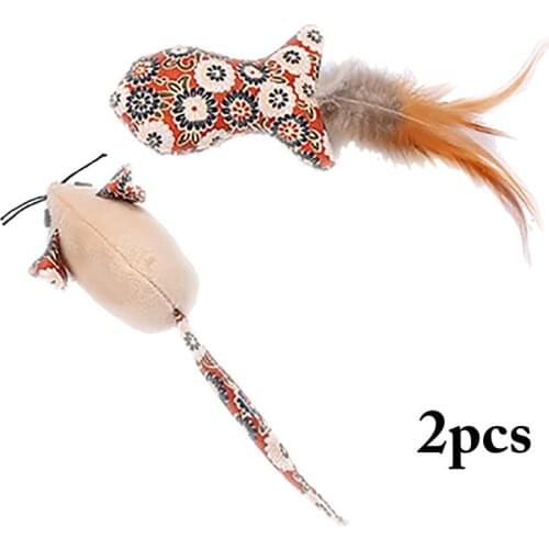2PCS Fake Feather Cat Toy Catnip Kitten Toy Mouse Fish Shape Cat Chew Toy Plush Pet Toy Cat Interactive Toy Pet Supplies