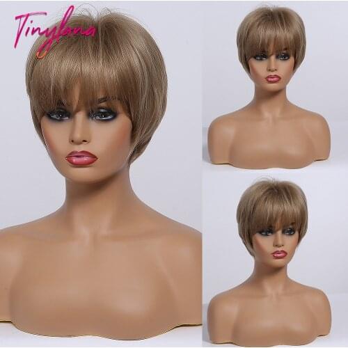 TINY LANA Short Straight Wigs with Side Bangs for Women Brown Ash Gray Bob Synthetic Wigs with Highlights Heat Resistant Cosplay