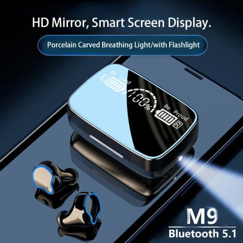 M9 TWS Pro Headsets Bluetooth 5.1 Wireless Earphones 9D HiFi Stereo Earbuds Breathing Light Headphones HD Mirror Charging Case