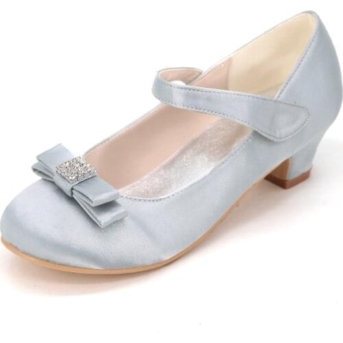 Mary jane girls satin square kitten heel flower girl wedding dress shoes rounded toe prom brithday party heels sweet bowtie