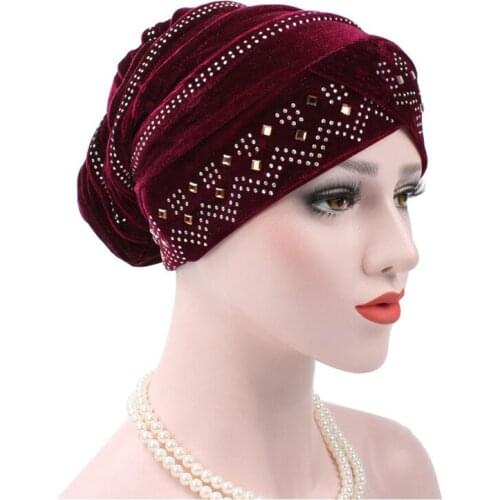 Muslim Toque Indian hat Turban Hijab Islamic Ladies Stretch Gold Velvet Hot Drilling Hat Folding Head Wrap Head Scarf 12Color