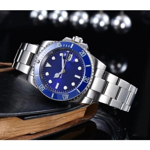 Mens Watch Automatic Movement 40mm Blue Aseptic Dial Ceramic Rotating Bezel Stainless Steel Bracelet