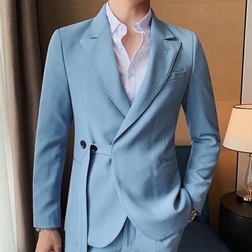 Side Belt L Solid Color Men Blazer 2021 Stylish Wedding Blazer For Men Slim Fit Elegant Dress Blazer Blue White Suit Jacket