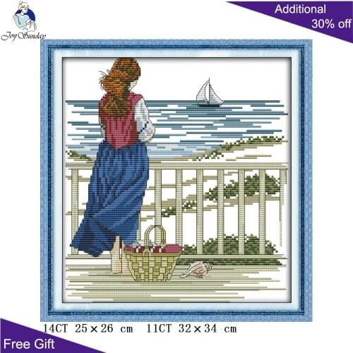 Joy Sunday Watching Sea Girl Home Decoration R686(5) 14CT 11CT Counted and Stamped Watching The Sea Embroidery Cross Stitch kits