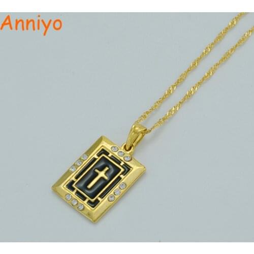 Anniyo Cross Necklaces Gold Color Rhinestone Pendant Chain Jewelry Black Enamel Crosses Accessories Crucifix #008002