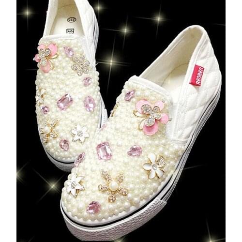 Handmade Pearl Pink Bowknot Rhinestone Flowers Canvas Shoes Casual Non-slip Hiking Shoes One-Piece Wedding Shoes