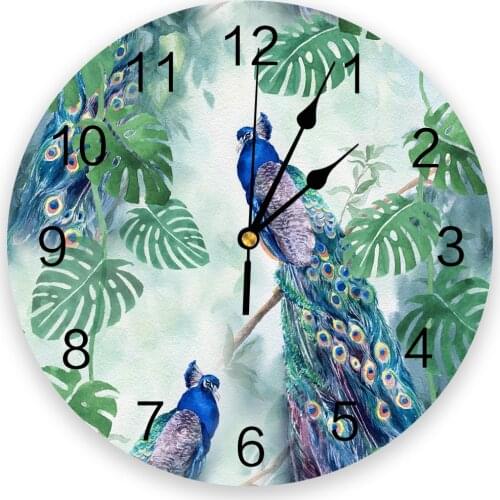 Animal Peacock Leaf Watercolor Modern Design Clocks Wall Watch Wall Hanging Art Creative Home Living Room Decor