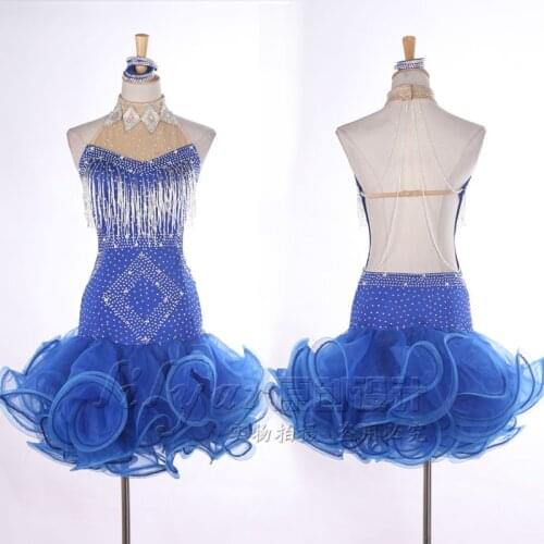 New Latin dance dress competition dress performance Dress Adult customized blue flash diamond open back sleeveless Dance Dress