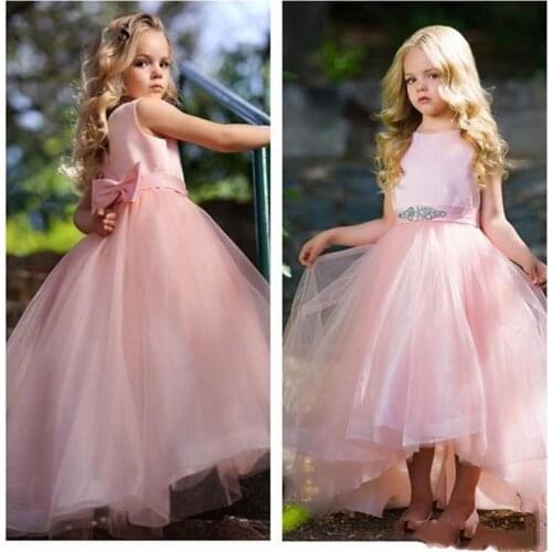 Pink Princess Flower Girl Dresses Beautiful A-line Children Evening Party Dress With Bow Tea Length Tulle Kid Formal Wear Custom