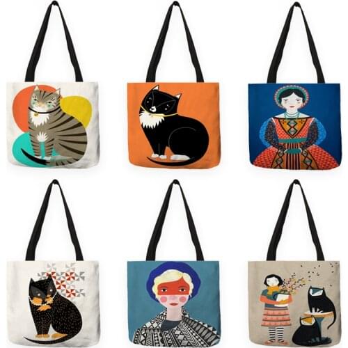 Cute Abstract Cat Print Shopping Bag Tote Reusbale Foldable Shoulder Bags for Women Girl Designer Handbag B13054