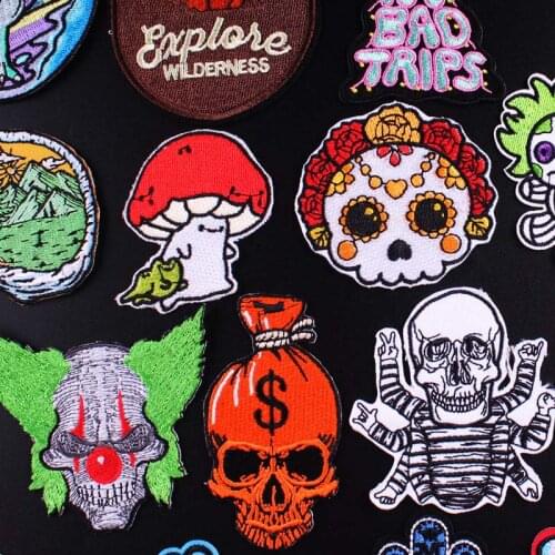 Cute Mushroom Diy Embroidery Patches For Clothing Stripe Punk Skull Embroidered Patches For Clothes Applique For T-shirt Badges