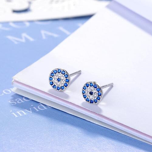 VOQ 925 Sterling Silver Vintage Evil Eye Earrings Womens Wild Round Blue Eyes Inlaid Zircon Earrings Jewelry