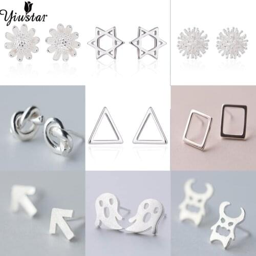 Yiustar Mini Copper Earrings Steel Color Geometric Earrings Chrysanthemum Dandelion Flower Knot Oil Triangle Stud Women Earring