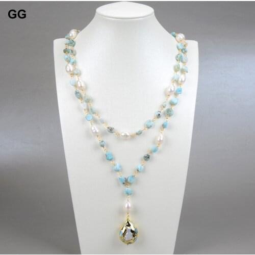 GuaiGuai Jewelry Blue Larimars White Rice Freshwater Pearl Statement Necklace Larimar CZ Beads Pendant Necklace 21"
