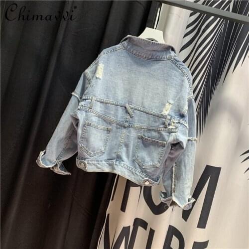 2021 Designer Jean Jacket Womens Autumn Oversized Denim Jacket Female Crop Pocket Stitching Ripped Short Coat