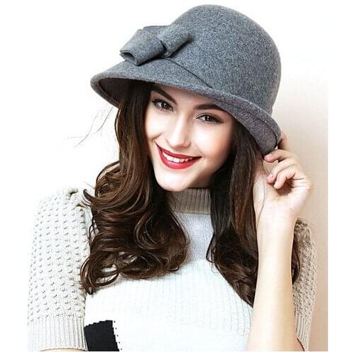 2018 New Autumn Winter Noble European American Elegant Girls Fashion Cap Ladies Bucket Hat Women Wool Fedora Hat B-0858