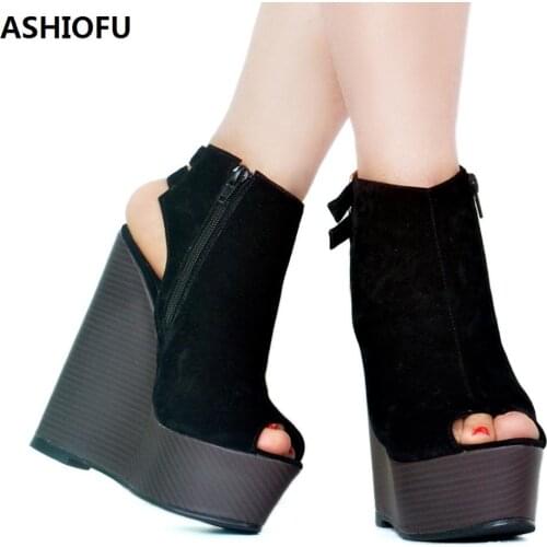 ASHIOFU Handmade Womens Wadge Heel Sandals Slingback Sexy Night Club Party Prom Shoes Fashion Evening Large Size Court Shoes