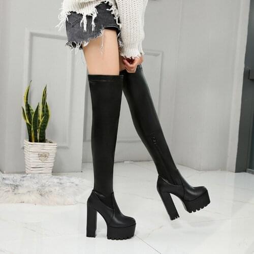 Leather Platform Women Long Boots Over the Knee Boots Platform Sexy Female Autumn Winter Thigh High Boots Botas Mujer 14CM