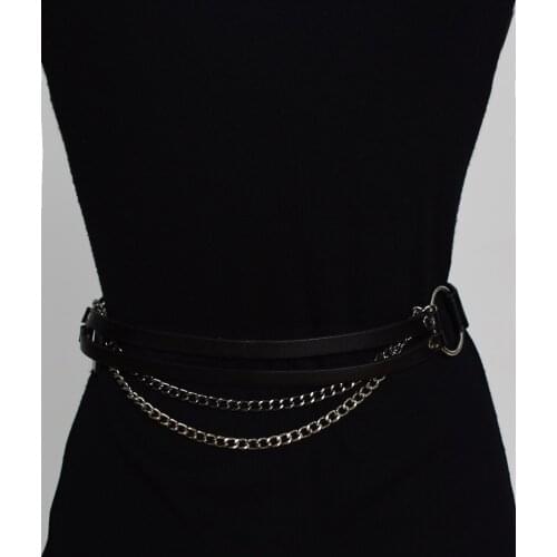 Womens Black-Silver Front Chain Belt BE309