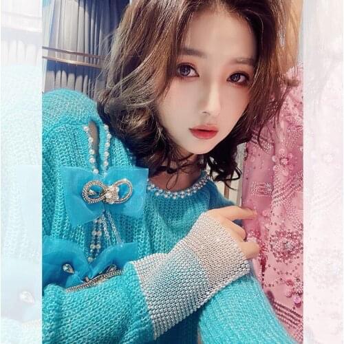 Loose Pullovers Women Tops 2021 New Spring Autumn Diamond Bow Beading O-neck Hollow Out Female Sweater Solid Casual Knit Jumpers