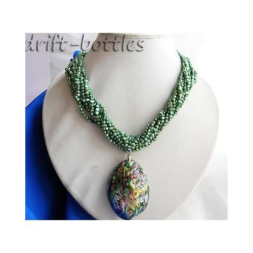 10Strands 18'' 3mm Green Baroque Freshwater Pearl Paua Abalone Shell Pendant