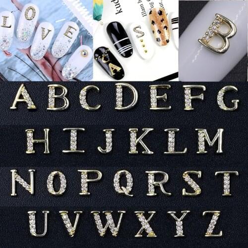 2PCS 3D Nail Glitter 26 English Letter Alphabet Luxury Beaded Gem-studded Alloy Nail Art Rhinestone Studs Decals Manicure Tips