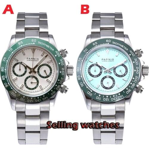 39mm PARNIS sapphire crystal Ceramic bezel solid full Chronograph luxurious quartz mens watch clock deployment clasps