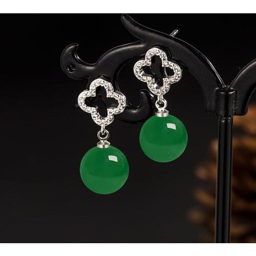 925 Silver Natural Green Jade Chalcedony Inlaid Beads Earrings Agate Carved Charm Jadeite Jewelry Fashion Amulet for Women Gifts