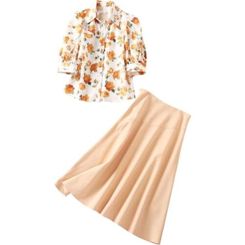 Floral Shirt And Knee Length Flared Skirt Set