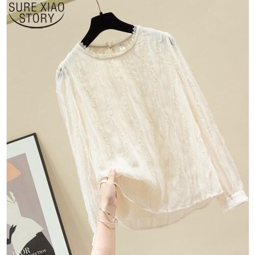 Elegant Lace Shirt Women Mesh Spliced Chiffon Shirt 2021 Autumn New Korean Casual Blusas Mujer De Moda 2021 Apricot Tops 11223