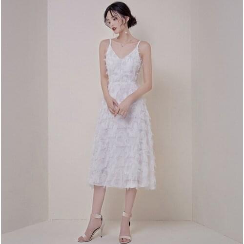 Elegant Office Ladies Sexy Party Aline Dress Summer Vintage White Dress V Neck Spaghetti Strapless Tassel Womens Dresses Vestido