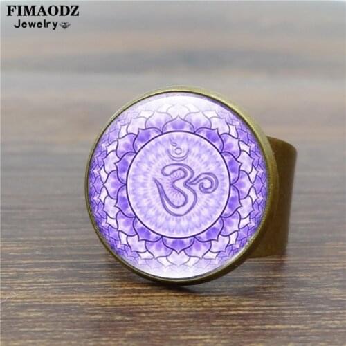 FIMAODZ Lotus Mandala OM Ring Gold Silver Color India Yoga Symbol Buddhist Meditation Glass Round Rings for Men Women