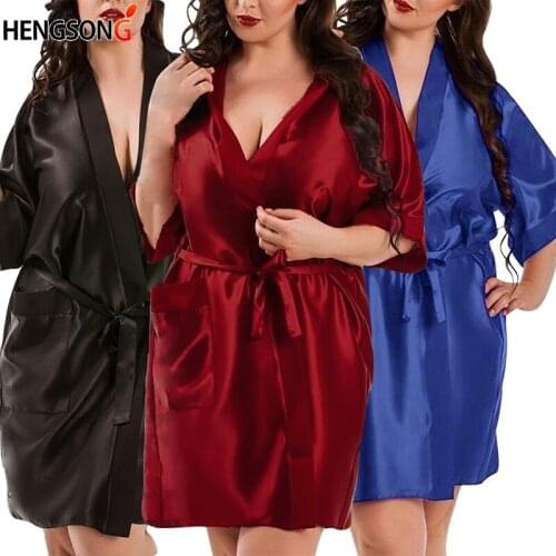 Large Size Sexy Satin Night Robe Bathrobe Silk Cardigan Waist Bandage Multicolor Home Patch Bag Bathrobe women