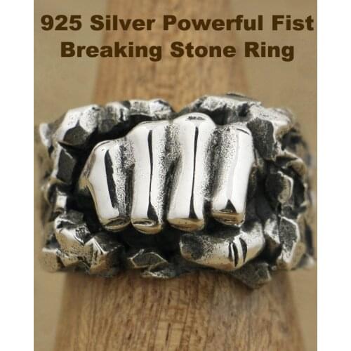 Solid 925 Sterling Silver Cool Mens Knight Individuality Powerful Fist Breaking Stone Ring Punk Rock Retro Fashion Ring TA77
