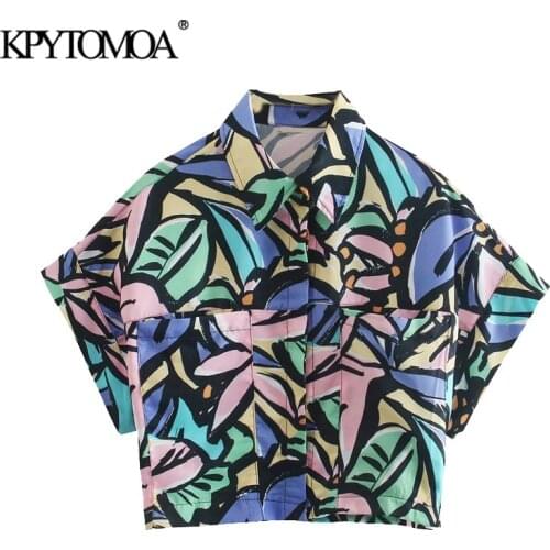 KPYTOMOA Women 2021 Fashion With Pockets Printed Loose Cropped Blouses Vintage Short Sleeve Button-up Female Shirts Chic Tops