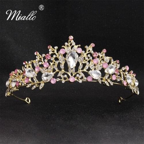 Miallo Newest Gold Pink Crystal Crown Diadem Wedding Head Jewelry Rhinestone Bridal Women Tiaras and Crowns Headpieces