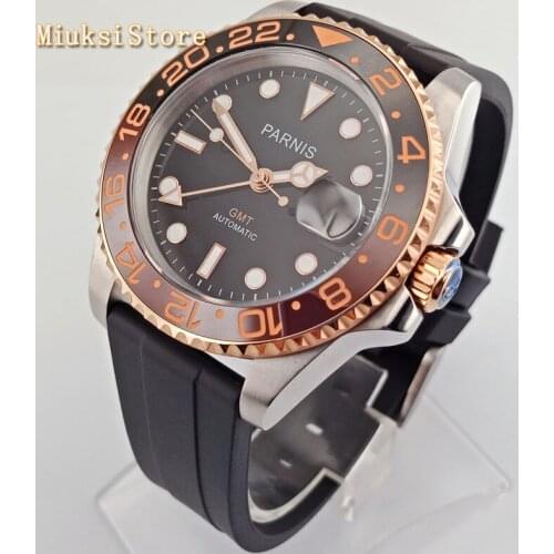 40mm Parnis mens top watches sapphire glass ceramic bezel black dial GMT date window automatic mens watch