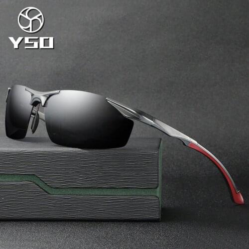 YSO Sunglasses Men Polarized UV400 Aluminium Magnesium Frame Sun Glasses Driving Glasses Semi Rimless Accessories For Men 8585