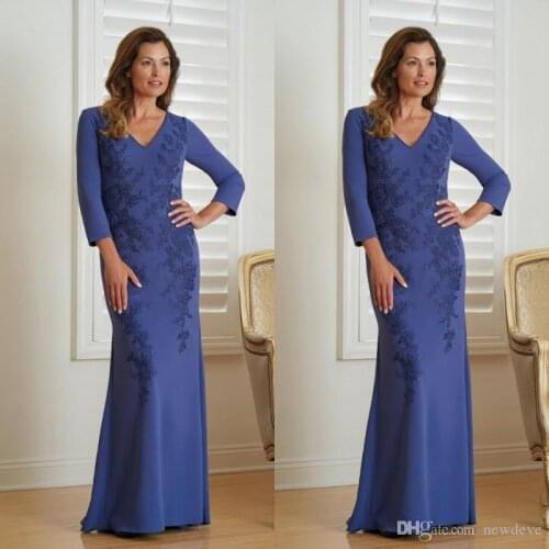 2019 Latest Mother Of The Bride Dresses Long Sleeve Evening Dress V Neck Wedding Guest Dresses Lace Appliques Mothers Dress